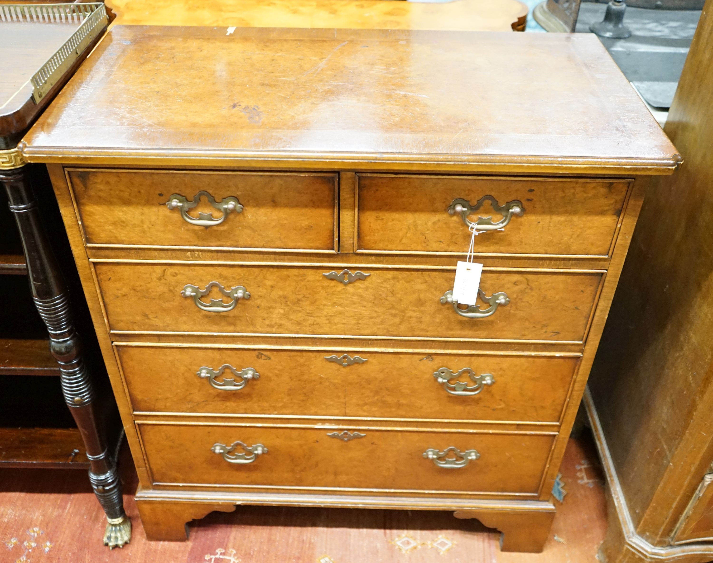 A reproduction 18th century style banded walnut chest, width 75cm, depth 40cm, height 82cm